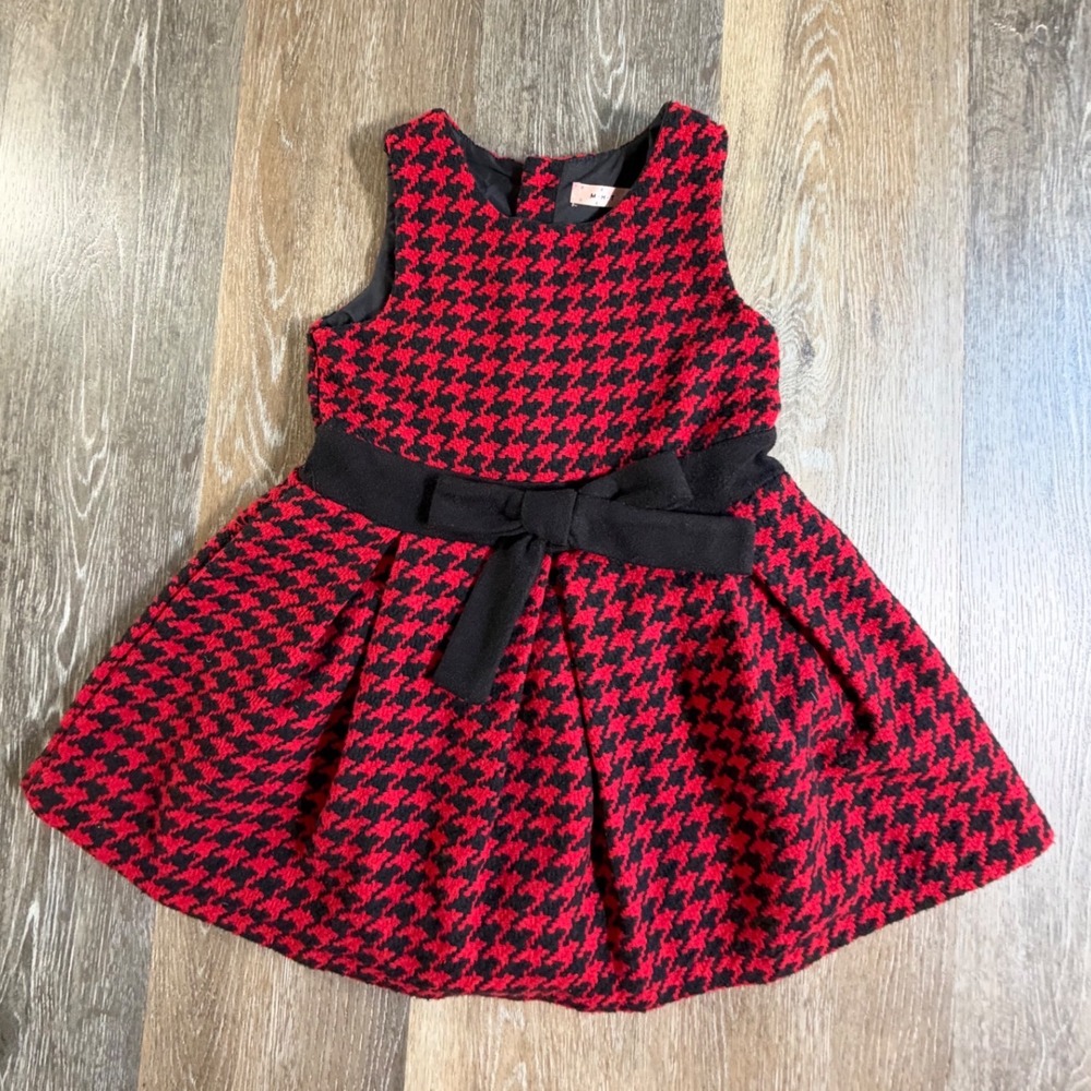 M.H.T Houndstooth Dress Kids 130 Red Black Bow Waist Sleeveless Holiday